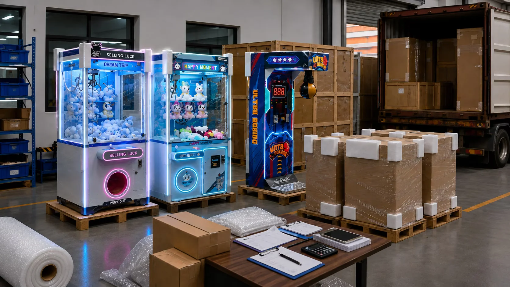 Claw machines and boxing arcade game prepared for export shipping