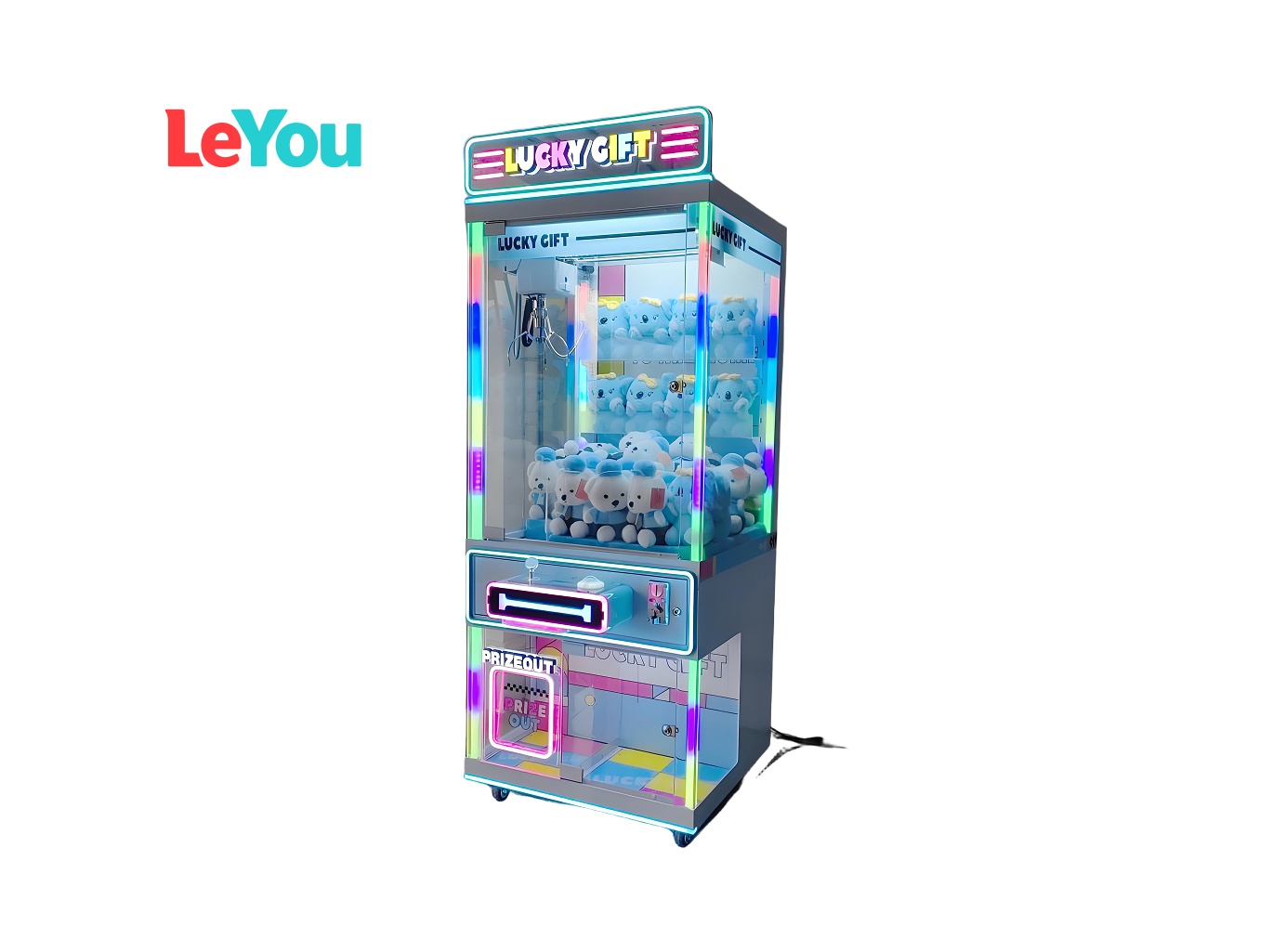 Lucky Gift claw machine single cabinet with blue plush prizes and RGB LED lighting