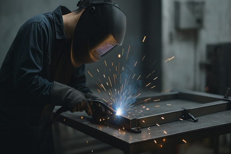 Leyou factory worker welding an arcade machine steel cabinet frame in Panyu