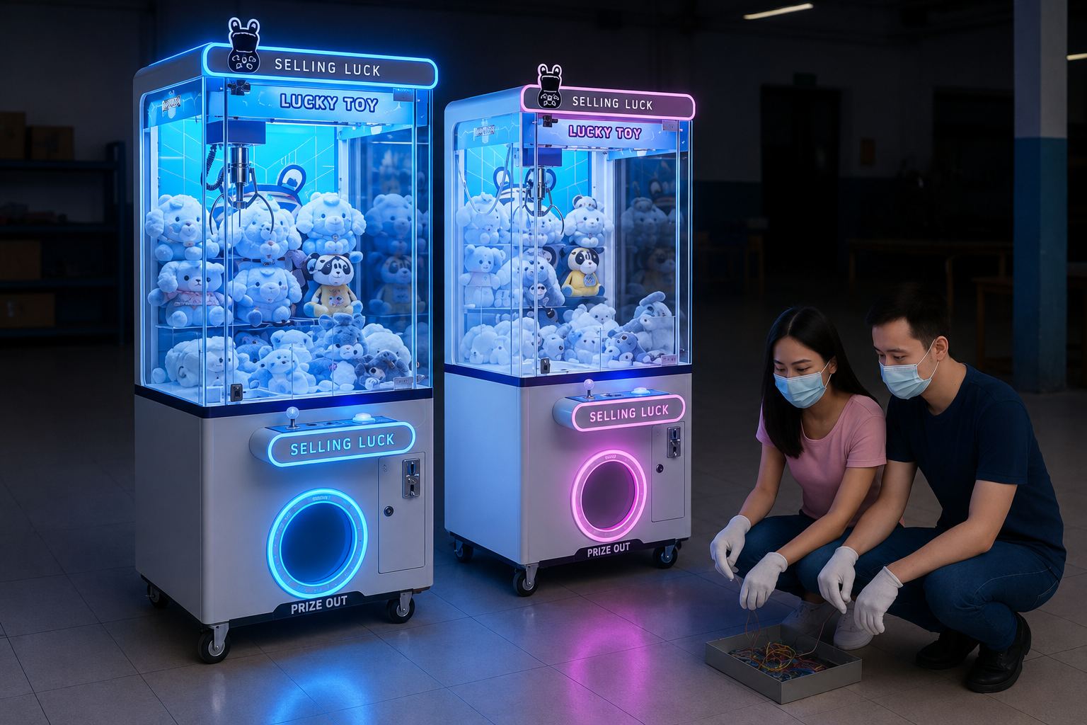 Technicians wiring claw machines at Leyou factory
