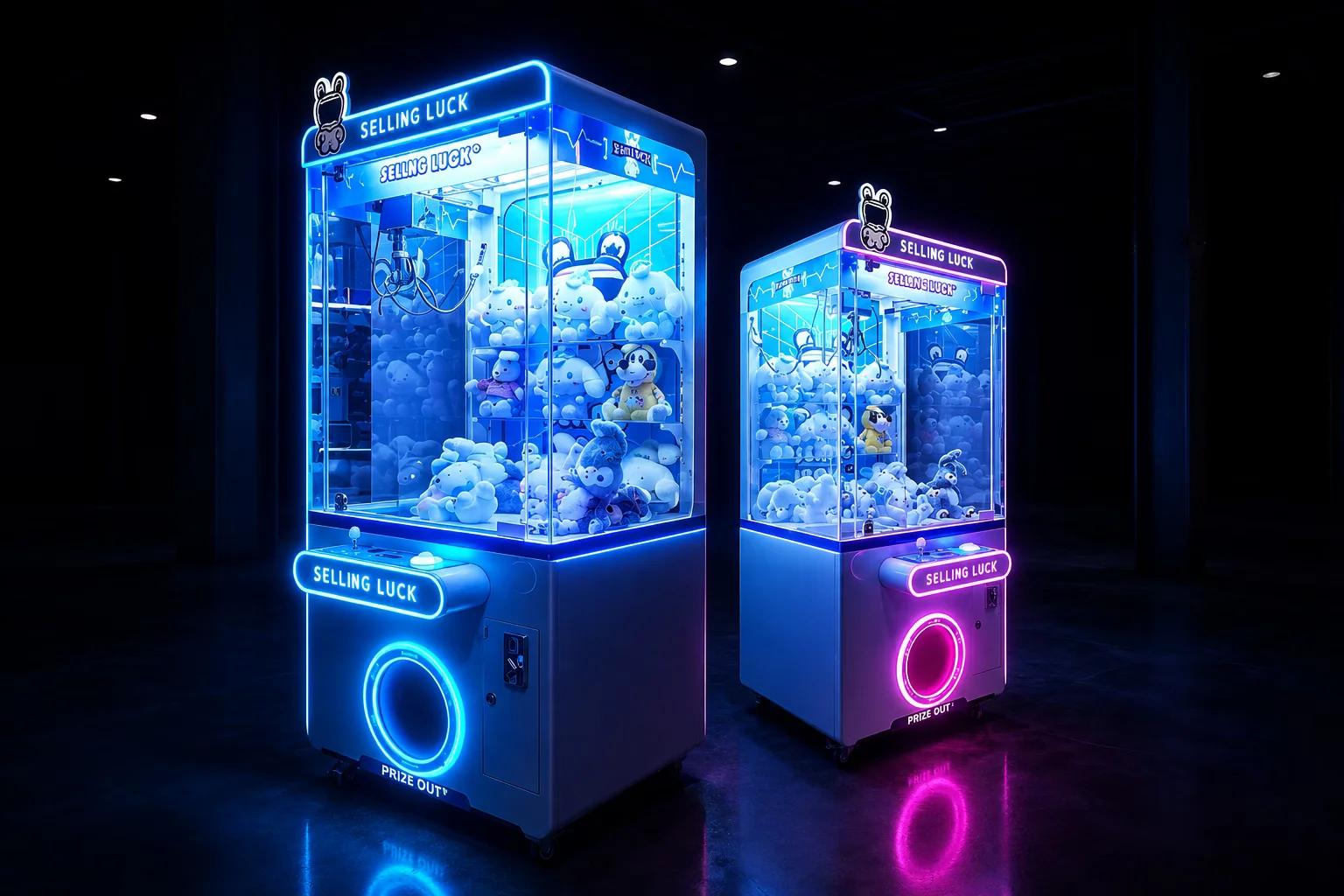 Two glowing claw machines in a dark factory showroom