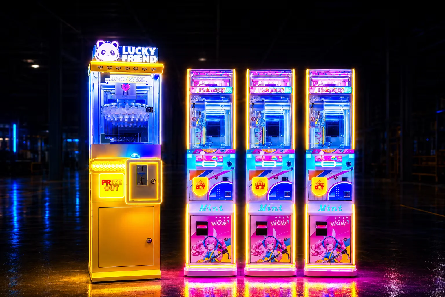 Four glowing prize machines in a dark factory showroom