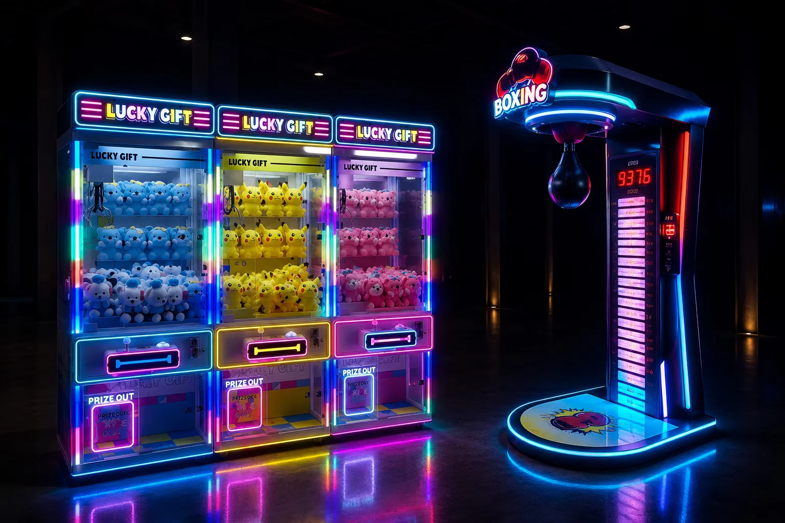 Three claw machines and a boxing arcade machine in a dark showroom
